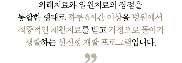 외래치료와 입원치료의 장점을  통합한 형태로 하루 6시간 이상을 병원에서 집중적인 재활치료를 받고 가정으로 돌아가 생활하는 선진형 재활 프로그램입니다.